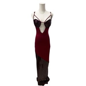 Ego Official Burgundy Sequin Asymmetrical Gown Size US 10 Formal Luxury Gala